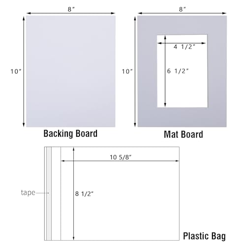 Falling in Art Acid Free 8x10 Pre-Cut Picture Mat Board Kit for 5x7 Photo, Includes 50 White Core Bevel Cut Mattes, 50 Backing Boards, 50 Crystal Clear Bags - size: 10"L x 8"W