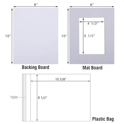 Falling in Art Acid Free 8x10 Pre-Cut Picture Mat Board Kit for 5x7 Photo, Includes 50 White Core Bevel Cut Mattes, 50 Backing Boards, 50 Crystal Clear Bags - size: 10"L x 8"W