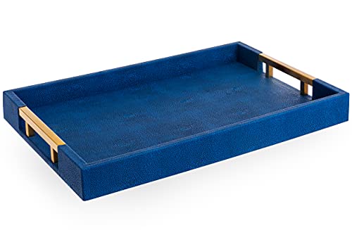Modern Elegant 17.5”x12” Rectangle Navy Blue Faux Leather Shagreen Decorative Tray Ottoman Tray Coffee Table Perfume Living Room Kitchen Serving Tray with Brass Gold Metal Handles by Home Redefined. - color: Navy/Gold Brass