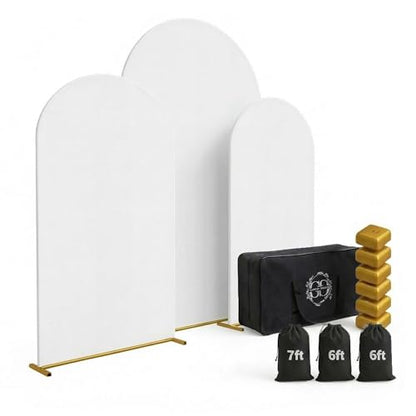 Metal Arch Backdrop Stand and Cover Set – 3 Gold Frames (7.2ft, 6ft x2) with White Wrinkle-Free Spandex Covers, Water Weights, Bags & Case – Wedding, Birthday, Baby Shower, Party Decor