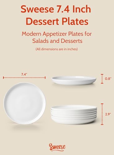 Sweese 7.4 Inch Porcelain Dessert Plates, Set of 6 - Stackable, Microwave Oven Safe - White - color: White, size: 7.4 Inch