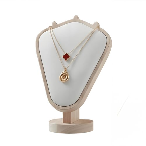 Natural Body Wood Necklace Display Stand with White Leather Soft Mat Necklace Holder Organizer Desktop Stand for Home Store Dresser-4.45"x8.4"x12" - color: Natural-White, size: 4.45"x8.4"x12"