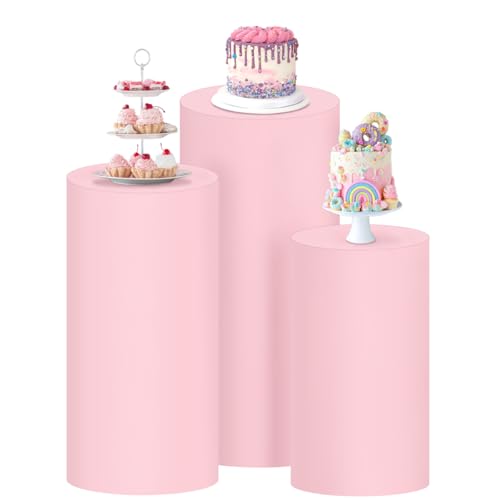Socomi Cylinder Pedestal Stand Covers Spandex Flexible Display Box Stand Covers for Birthday Party Wedding Baby Shower Decoration- Only Stand Covers Included Set of 3 Pink - color: Pink, size: Set of 3