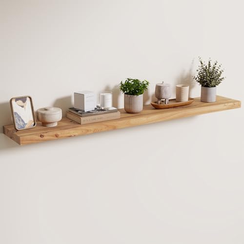 Axeman Rustic Elm Wood Floating Shelves for Wall, 48'' x 8" Deep Wall Shelf with Invisible Bracket, Large Long Wall Mounted Storage Shelves for Living Room, Bedroom, Kitchen, Bathroom Decor, Natural - color: Natural Elm With Flat Edge, size: 48 inches - 1