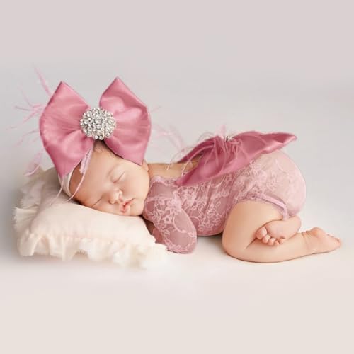 ForBaysy Newborn Photography Props Girls Outfit Feather Bow Lace Romper Newborn Dress - color: Dustpink