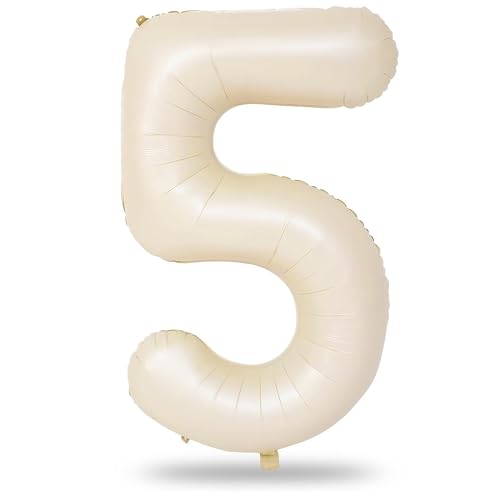 Beige Number 5 Balloon for Girls Boys, 40 Inch Large Cream Number 0-9 Foil Mylar Helium Digital Balloons Set for Women Men Birthday Graduation Anniversary Party Decorations Celebration Supplies - color: Cream, size: Number 5