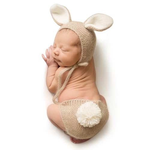 ForBaysy Newborn Photography Props Boy Girl Crochet Bunny Costume Set Baby Photo Shoot Outfits with Rabbit Ear Hat - color: Latte Bunny Set