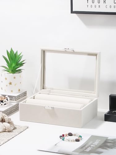Bracelet Holder Organizer Box, Jewelry Storage Case with 2 Rods, Bangle Watch Display Tray for Women Girls (Beige) - color: Beige