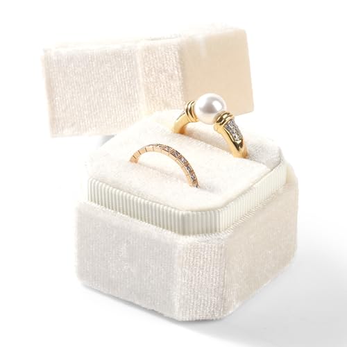 3 Slots Ring Box Velvet Ring Gift Box Wedding Day For Proposal, Engagement, Wedding, Mother's Day, Valentine's Day (White) - color: Beige