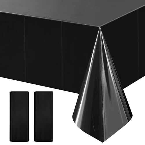 Just Shimmer 2pcs Black Foil Tablecloth 54 * 72inch Birthday Graduation Halloween Party Table Cloths Plastic Waterproof Disposable Table Cover for Halloween Neon Anniversary Party Supplies - color: Black