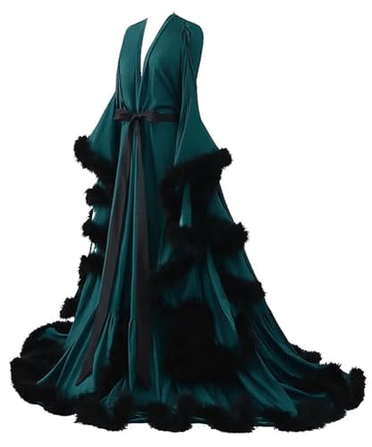 Feather Silk Satin Bridal Robe Long Wedding Scarf Illusion Bathrobe Sleepwear for Women Sexy Lingerie Nightgown - color: Teal, size: XX-Large Plus