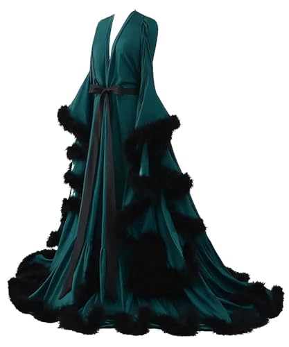 Feather Silk Satin Bridal Robe Long Wedding Scarf Illusion Bathrobe Sleepwear for Women Sexy Lingerie Nightgown - color: Teal, size: 3X-Large Plus