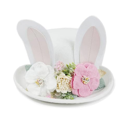 Cute Easter Bunny Ear Top Hat for Adults Rabbit Ears Cosplay Bucket Hat with Artificial Flower Costume Accessory - color: White