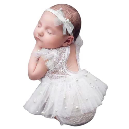 Newborn Photography Props Outfits Princess Baby Girl Pearl Lace Rompers Headdress Infant Baby Girl Photoshoot Costume - color: White