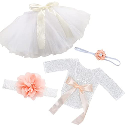 4 PCS Newborn Photography Props Outfits-BabyTutu Skirt Cute Bow Headdress and Lace Rompers Flower Headband Sets for Infants Girl Boy White