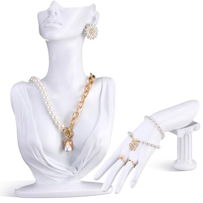Yalikop 2 Pcs Jewelry Mannequin Display Set Necklace Bust Mannequin Earring Stand Hand Bracelet Ring Stand for Selling Show - color: White