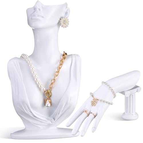 Yalikop 2 Pcs Jewelry Mannequin Display Set Necklace Bust Mannequin Earring Stand Hand Bracelet Ring Stand for Selling Show - color: White