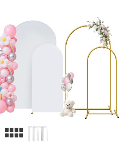 Metal Arch Backdrop Stand and Cover Set of 2 (7.2 ft/6 ft, White), Wedding Arch Backdrop Stand with White Cover for Party Birthday, Wedding, Bridal Shower, Baby Shower, Festival, Proposal, Anniversary - color: White, size: 6FT+7.2FT