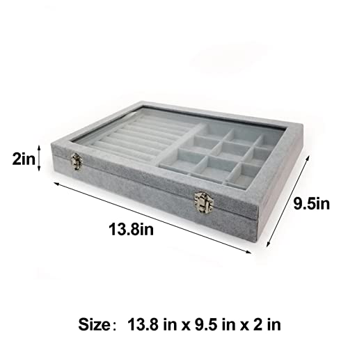 Ice Velvet Rings Organizer Box Mix 12 Grids Jewelry Tray Display Showcase with Clear Lid and Lock Grey - color: 12 Grids & 11 Slots