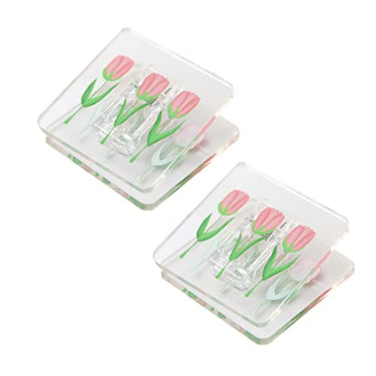 6 Pcs Square Plastic Clip Tulip Flowers Pattern Binder Paper Clamps for Home Office School Shop Supplies for File Picture Photo, Clear