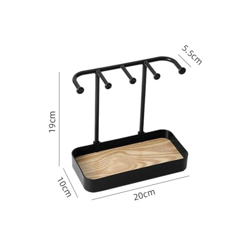 esowemsn 1PC Black Desktop Jewelry Organizer Stand Plastic Earring Holder Keychain Bracelet Holder with Wooden Tray 5 Hooks Necklaces Hanging for Necklaces,Bracelets,Chains,Rings,Earrings,Keys - color: Black