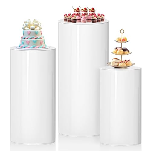 3Pcs White Cylinder Pedestal Stands, Thickened PVC Round Pedestal Display Plinth Pillars for Wedding Birthday Babyshower Decoration Art Decor - color: White