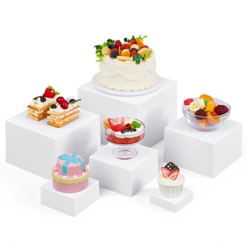 Leinuosen 6 Pcs Clear Acrylic Buffet Risers Stands for Food Display Cubes Box, 3 to 8 Inch Square Catering Table Dessert Decor for Wedding Brunch Setup Party Jewelry Collectible, Hollow Bottom (White) - color: White, size: 3 to 8 Inch, style: Square