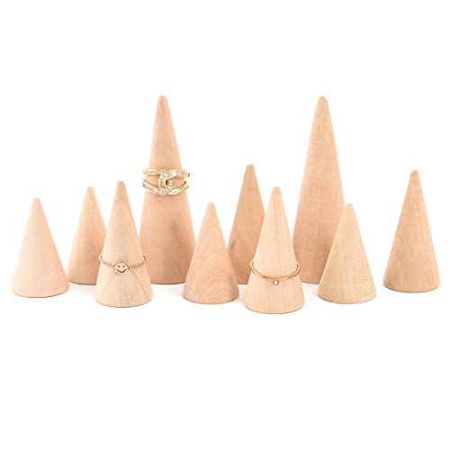 Natural Wood Cones, 10Pcs 3 Different Sizes Wood Cone Rings Holder Jewelry Display Stand Vertical Shaped Unpainted Wooden Cones for Girls Women DIY Craft - color: Natural wood