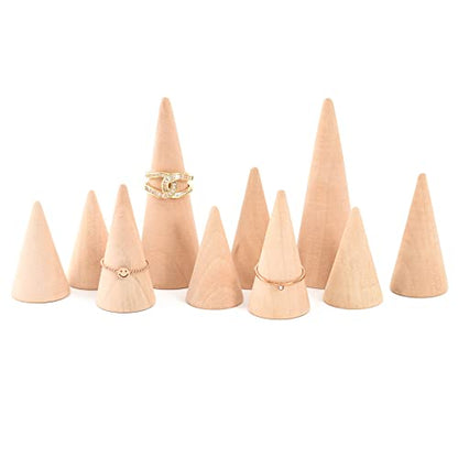 Natural Wood Cones, 10Pcs 3 Different Sizes Wood Cone Rings Holder Jewelry Display Stand Vertical Shaped Unpainted Wooden Cones for Girls Women DIY Craft - color: Natural wood