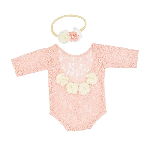 Newborn Lace Romper, 2 PCS Baby Girl Photography Props, Newborn Girl Photography Outfits with Flower Headband for Infants - color: Pink