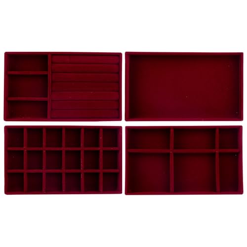 4 Pack Stackable Velvet Jewelry Trays Organizer Drawer Inserts Container Display Storage Box for Necklaces Bracelets (Red)