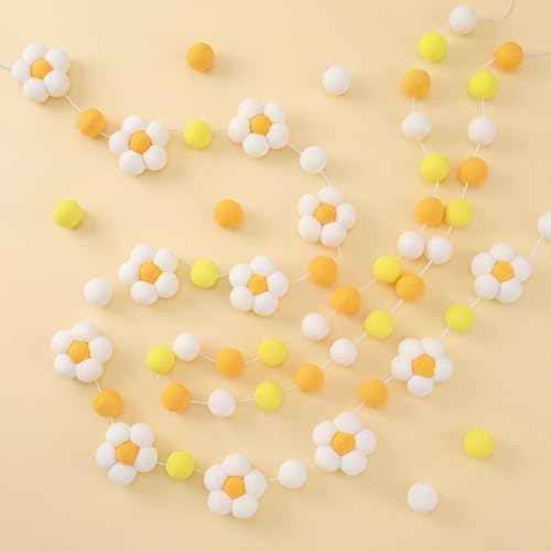 Tatuo 3 Pcs Spring 3D Pompom Ball Garland Pastel Daisy Sunflower Garlands Felt Floral Banner Hanging Flower Pastel Decor for Easter Holiday Birthday Party Boho Home Prop Photo(Floral,Light Yellow) - color: Light Yellow, style: Floral