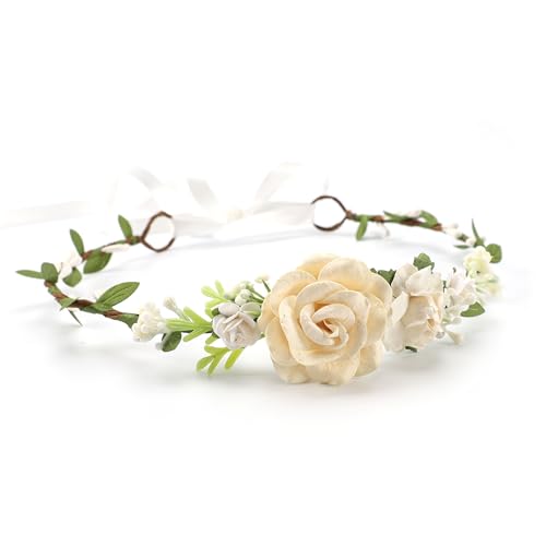 Flower Girl Flower Crown Pink Baby Girls Floral Headpieces Kids Headband Children Hair Wreath Photo Prop (ivory-Child Size) - color: Ivory