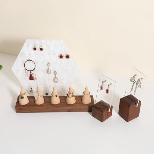 Wooden ring organizer holder for jewelry, Stable ring display stand for boutique store, walnut base with white ring cones for jewelry selling【Ring holder-Cone 5】 - style: Five Cone