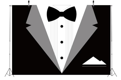 BELECO 7x5ft Fabric Gentleman Tuxedo Backdrop Black and White Bow Tie Suit Background Luxury Birthday Dinner Party Decor Banner Boy Men Father Bridegroom Photoshoot Studio Booth Props - size: 7x5FT