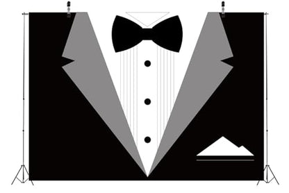 BELECO 12x8ft Fabric Gentleman Tuxedo Backdrop Black and White Bow Tie Suit Background Luxury Birthday Dinner Party Decor Banner Boy Men Father Bridegroom Photoshoot Studio Booth Props - size: 12x8FT