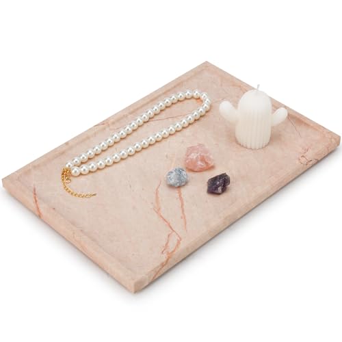 Real Luxurious Natural Marble Tray - 12x8 Inch Marble Vanity Tray for Perfume Display, Jewelry Organizer, Bathroom & Home Decor -Heavy Duty Non-Slip Stone Tray (Non-Resin/Non-Ceramic)（Pink） - color: Pink