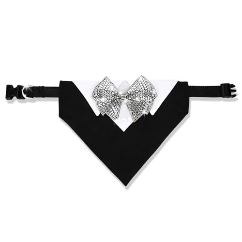 Suavifurri Dog Bandana Collar for Leashes Rhinestone Bow Tie Formal Tuxedo Pet Scarf Adjustable Neckwear with D Ring and Quick Release Buckle for Large Dogs Wedding Birthday Holiday Outfit (Large) - size: Large