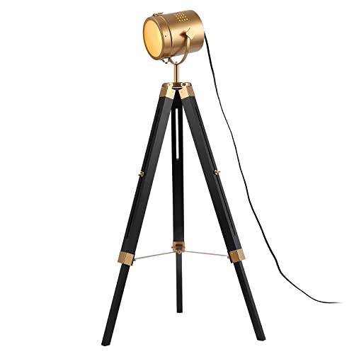 Mordern industrial tripod floor lamp for living room, bedroom office, vintage gold brass standing reading light floor lamp with camera tripod wood, rotatable nautical spotlight standing lamp black - size: tripod spotlight floor lamp