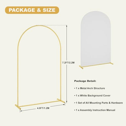 UDEAR 7.2FT Metal Arch Stand with White Cover, Arc Design with Fitted Cover, for Weddings, Parties, Baby Showers, Climbing Plants, Photo Backdrops - color: Gold with White Cover, size: 7.2FT