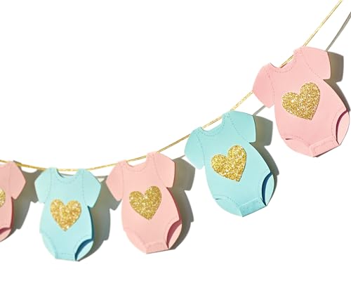 Blue Pink Baby Shower Paper Garland Short-Sleeve Bodysuits Clothesline Garland Gender Reveal Birthday Banner Baby Outfit Pre - Strung Paper Decorations 9 pcs - color: Blue-pink