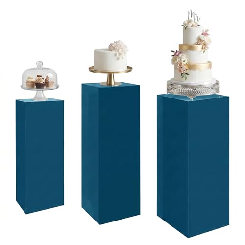 SwallowLiving 3PCS Metal Blue Display Pedestal Stand for Parties, Square Tall Pedestal Cake Stands Pillars for Wedding, Sculpture Display Stand Column Decoration - color: Blue