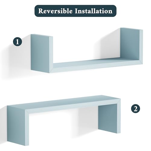 SRIWATANA Floating U Shelves Wall Mounted, Solid Wood Wall Shelves Set of 3 (Blue) - color: Blue