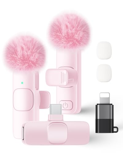 Wireless Lavalier Microphone for iPhone iPad and Android Phone, 2 Pack Lapel Mic Plug and Play Wireless Mic Noise Reduction Microphone for Video Recording Interview Podcast Vlog YouTube Tiktok (Pink) - color: Pink, size: Without Case