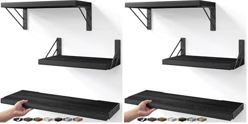 BAYKA Wall Mounted Floating Shelves, Wood Floating Wall Shelf for Books & Decor, Small Space-Saving Display & Organizer（Black，Set of 3） (Pack of 2) - color: A. Black Board & Black Brackets, size: 16-inch Mixed (Pack of 2)