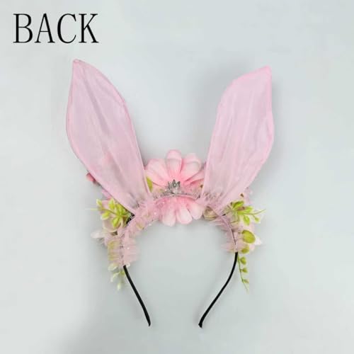 Women Easter Bunny Ears Headband Flowers Crown Rabbit Ears Party Headwear - color: pink
