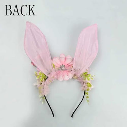 Women Easter Bunny Ears Headband Flowers Crown Rabbit Ears Party Headwear - color: pink
