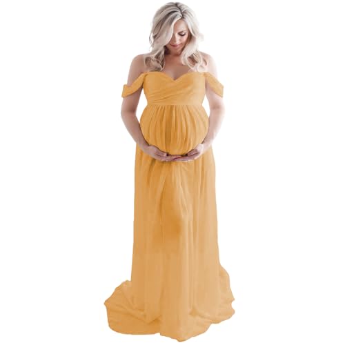 Maternity Lace Dress for Photoshoot Off Shoulder Gown Pregnancy Dresses for Photography - color: Dark Yellow, size: Large