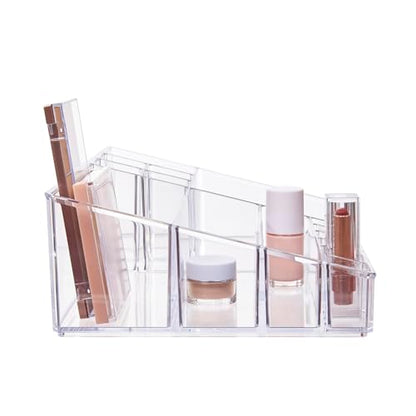 STORi Audrey Clear Vanity Makeup Organizer | 15-Compartment Holder for Brushes, Eyeshadow Palettes, & Beauty Supplies | Stacks on Audrey Storage Drawers | Made in USA - style: Cosmetic Organizer Topper