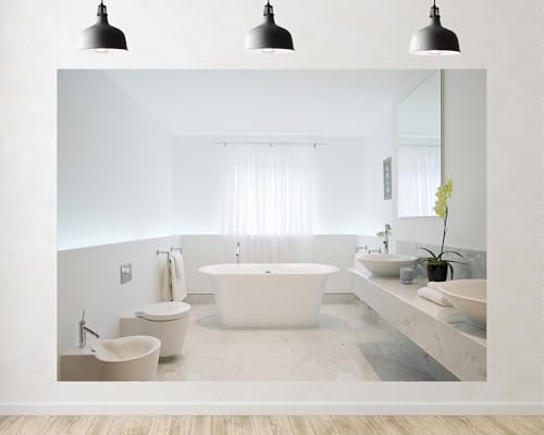 Trykid 20x10ft Bright White Marble Bathroom Freestanding Tub Backdrop Minimalist Spa Bathroom Photography Background Clean Modern Bath Space Party Decoration Tapestry Photo Booth Prop Fabric - size: 20x10ft